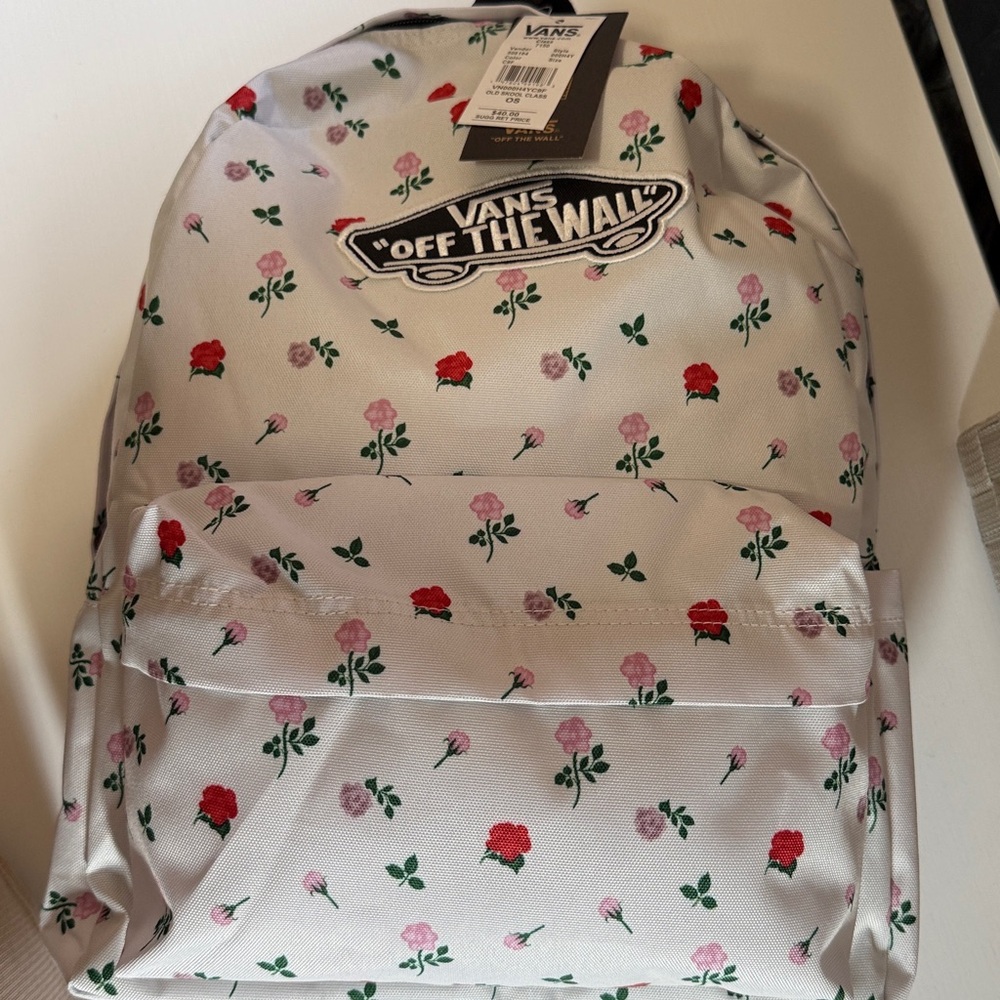 Vans White Backpack with Red and Pink Floral Pattern